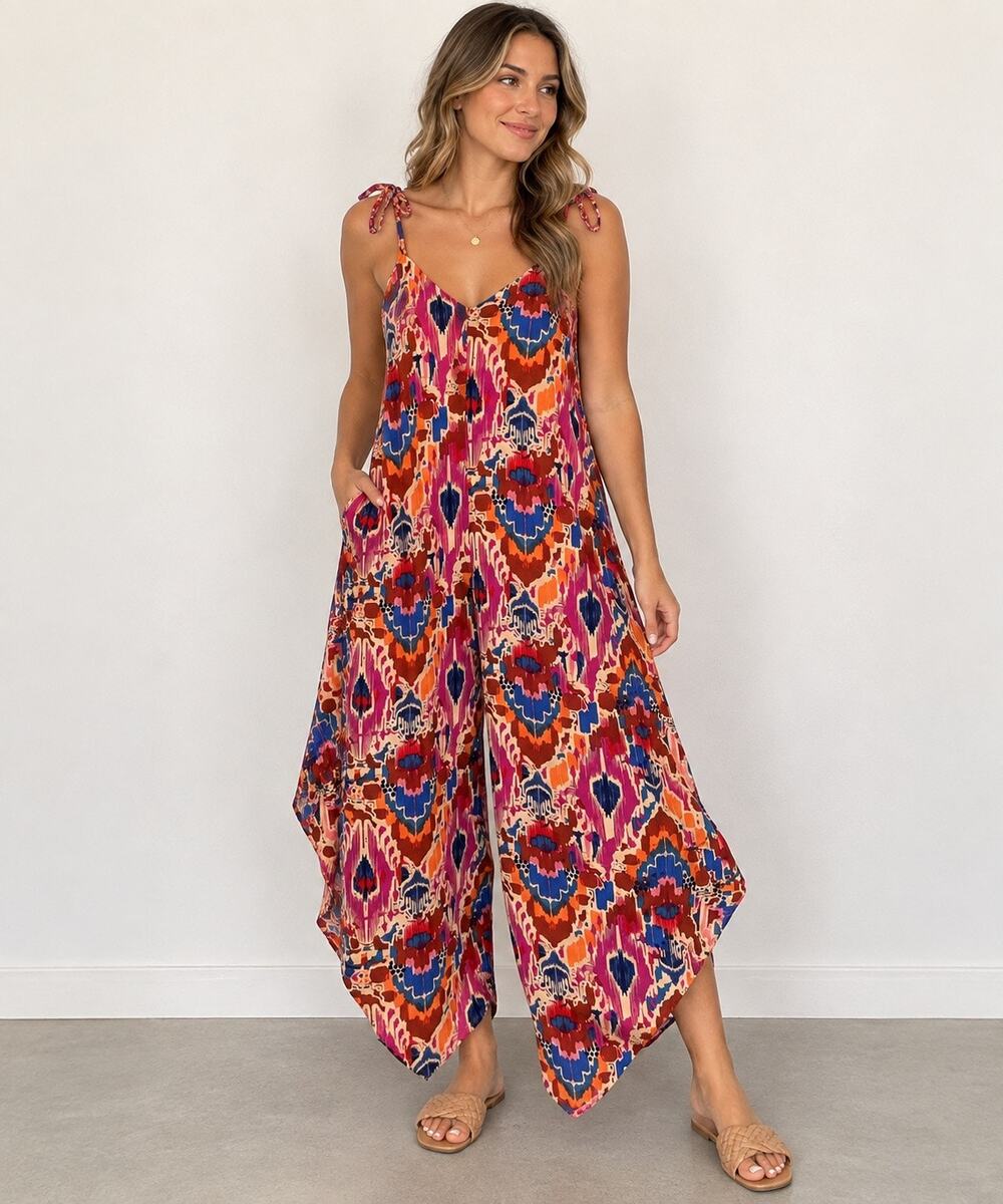 Vince Camuto Abstract Print Cascading Wide Leg Jumpsuit Tie Shoulder Size Small